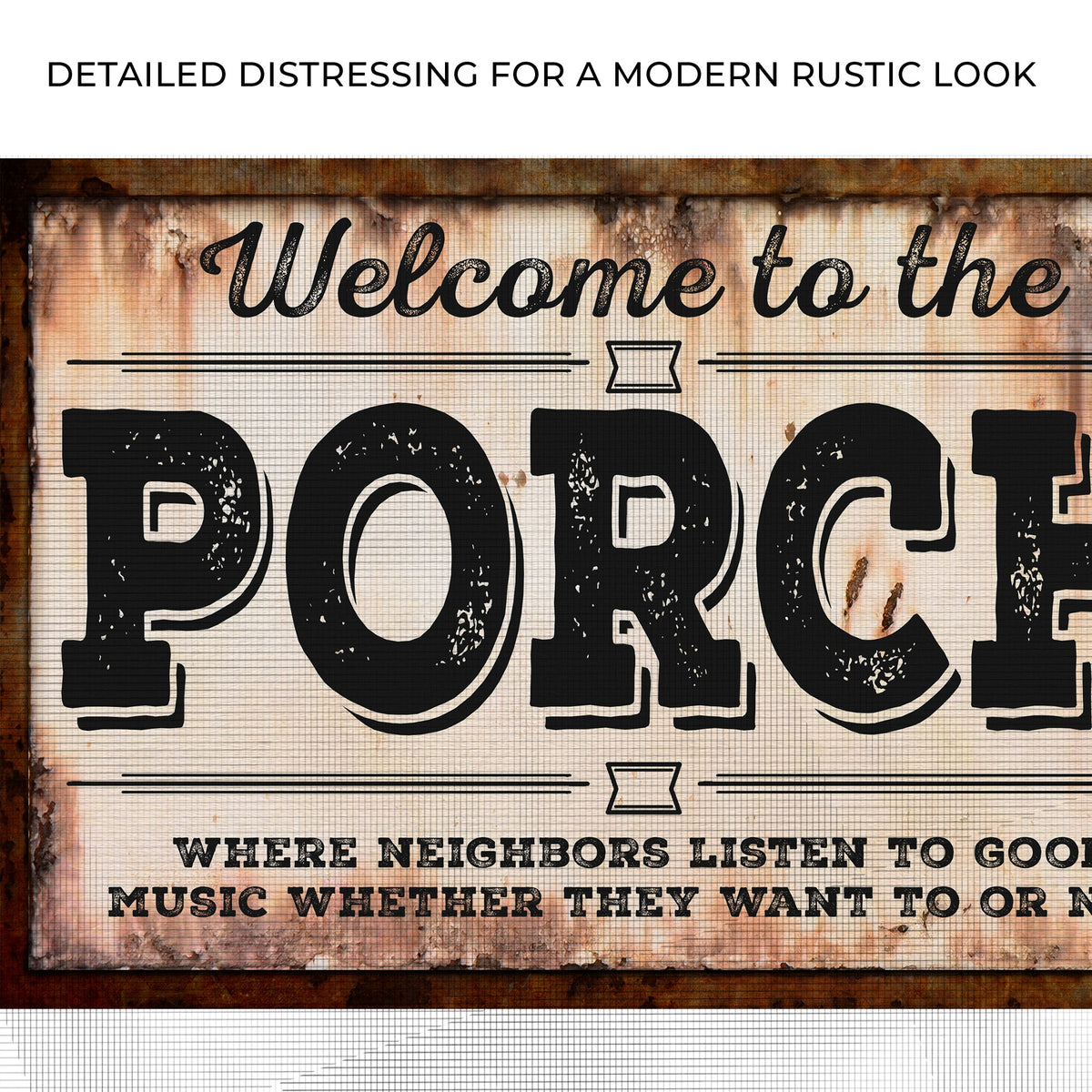 Close-up of the canvas print, with text: Detailed distressing for a modern rustic look
