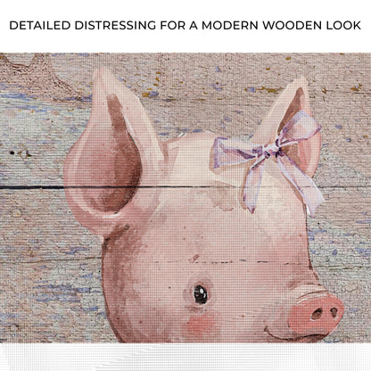 Close-up of the canvas print, with text: Detailed distressing for a modern wooden look
