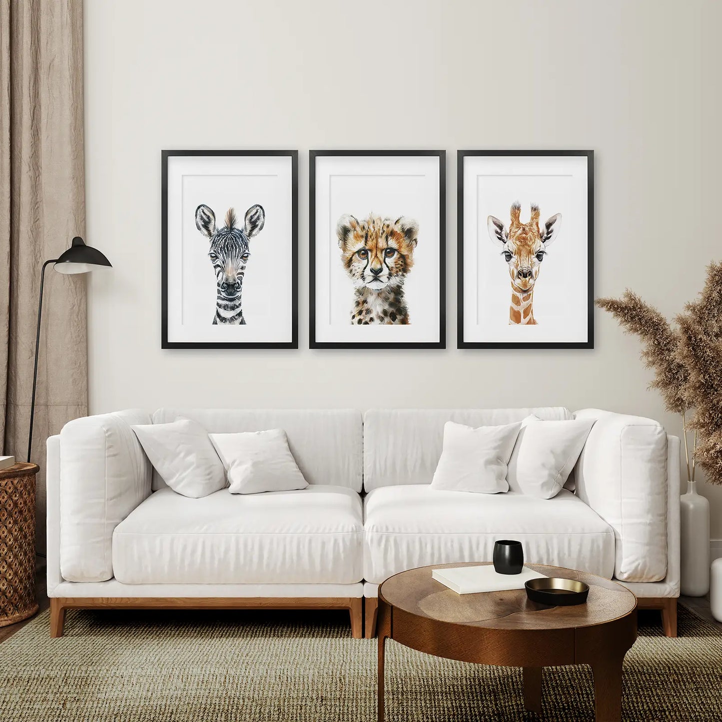 Neutral Safari Nursery Wall Art Set of 3 - Zebra, Cheetah, Giraffe
