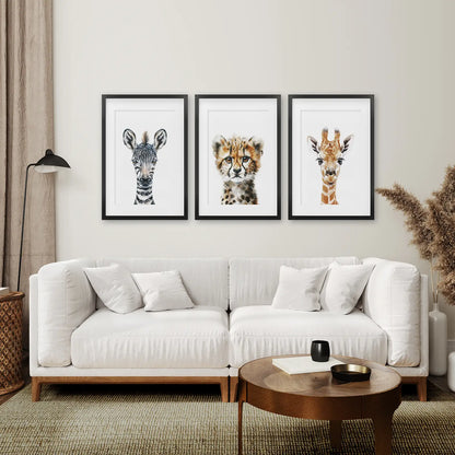 Neutral Safari Nursery Wall Art Set of 3 - Zebra, Cheetah, Giraffe