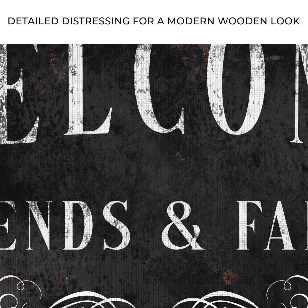 Close-up of the canvas print, with text: Detailed distressing for a modern wooden look