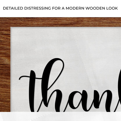 Close-up of the canvas print, with text: Detailed distressing for a modern wooden look