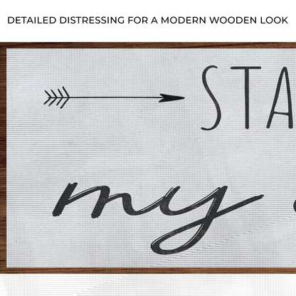 Close-up of the canvas print, with text: Detailed distressing for a modern wooden look
