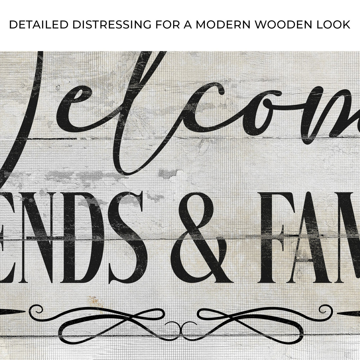 Close-up of the canvas print, with text: Detailed distressing for a modern wooden look