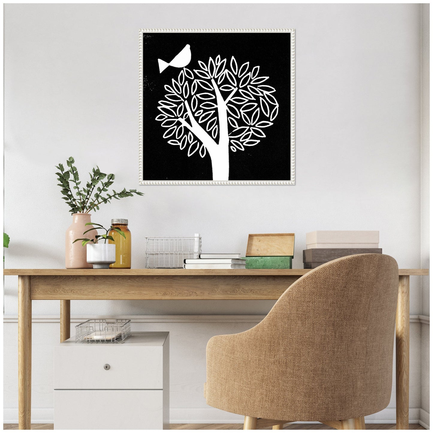 Black and White Bird Tree Linocut Framed Canvas Wall Art