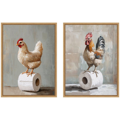 Chicken and Rooster Bathroom 2 Piece Framed Canvas Art Set
