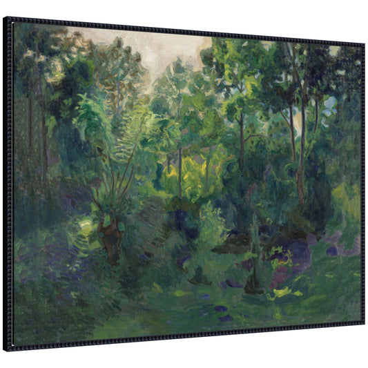 Classic wooded landscape with tall trees and a quiet clearing on canvas