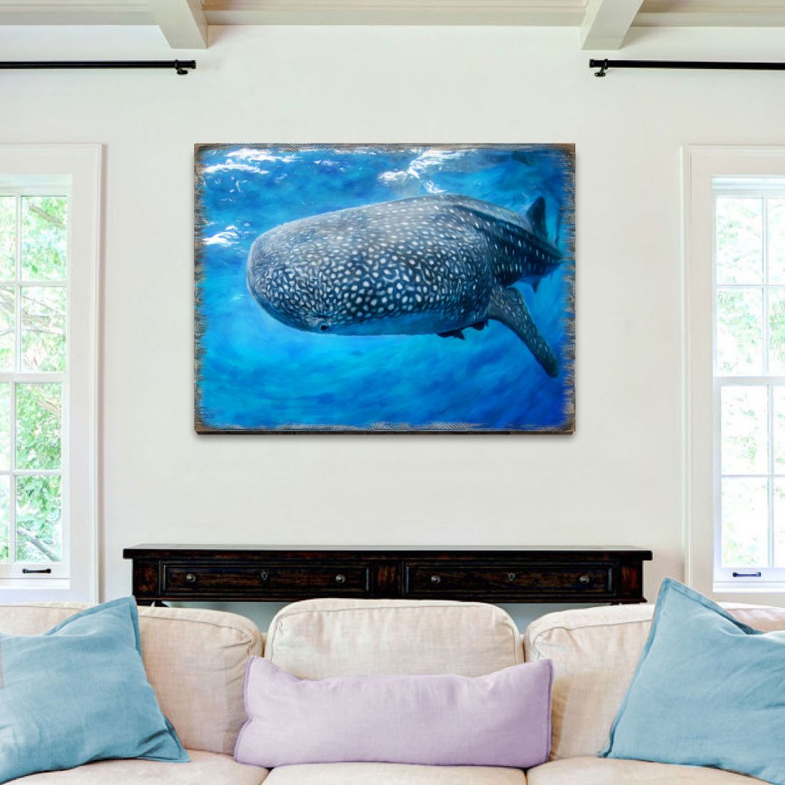 Handcrafted wood blue whale coastal sea-life wall art
