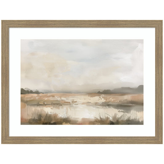 Neutral abstract landscape with soft blended bands of warm and cool tone in a wood frame