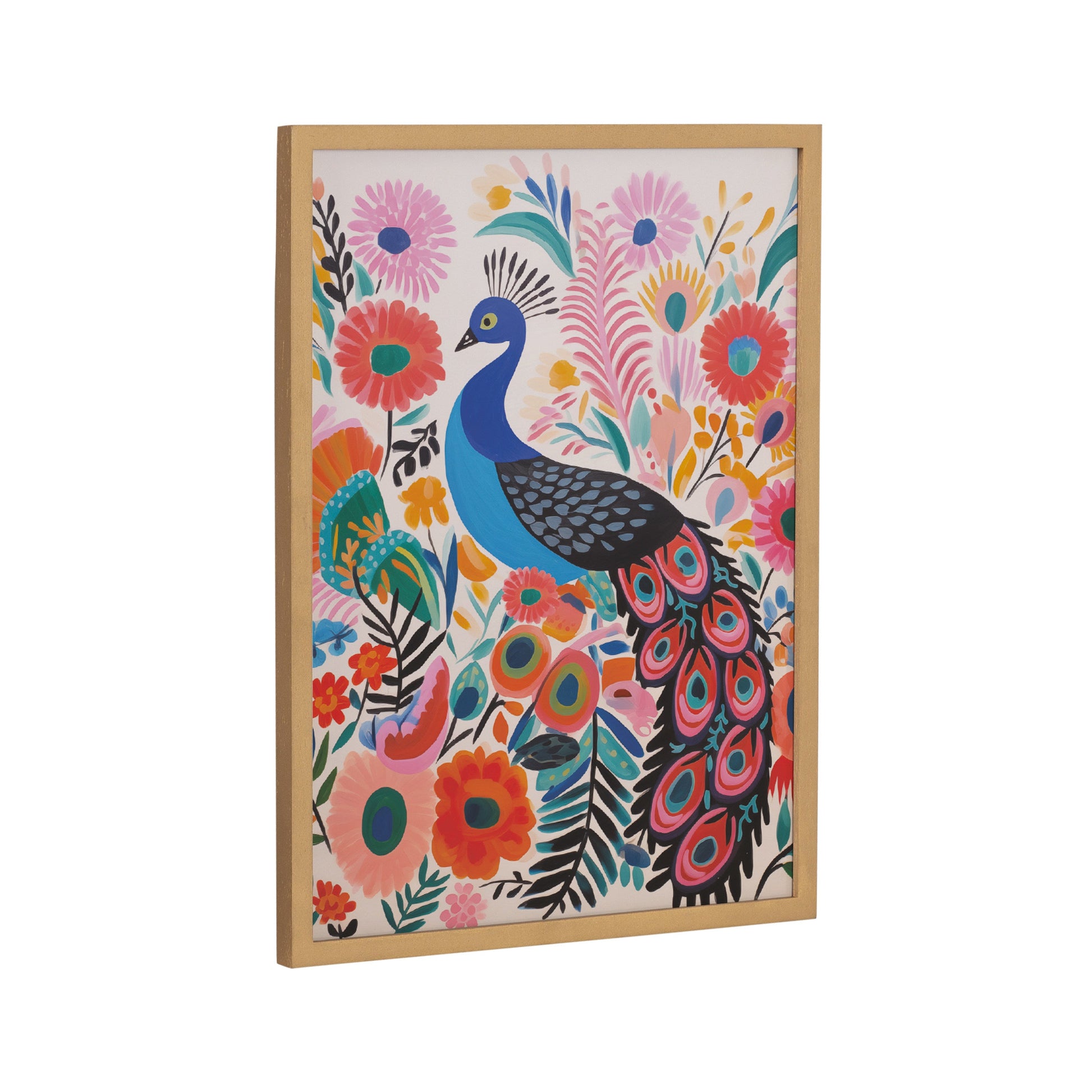 Bright boho peacock surrounded by botanical leaves in a wood frame