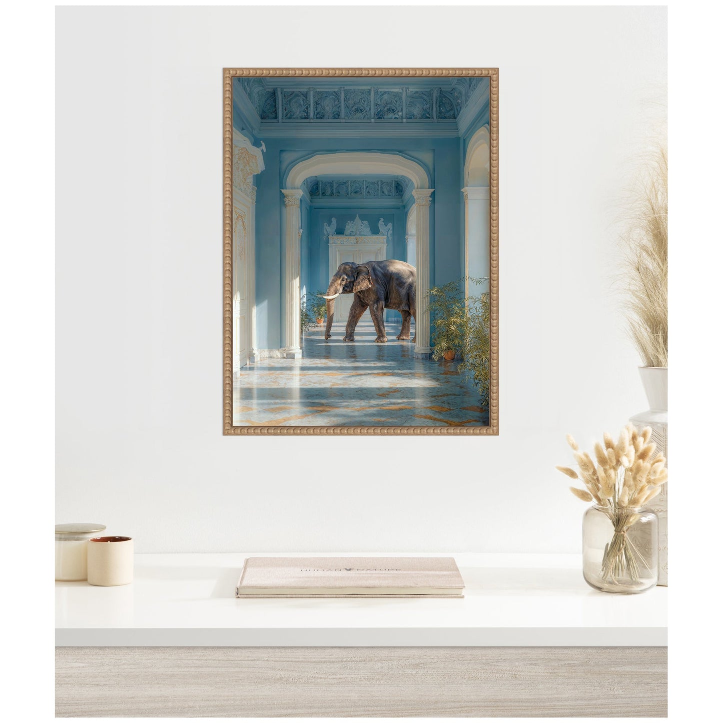 Elephant Strolling Through the Blue Wing Framed Canvas Wall Art