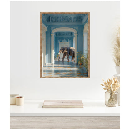 Elephant Strolling Through the Blue Wing Framed Canvas Wall Art