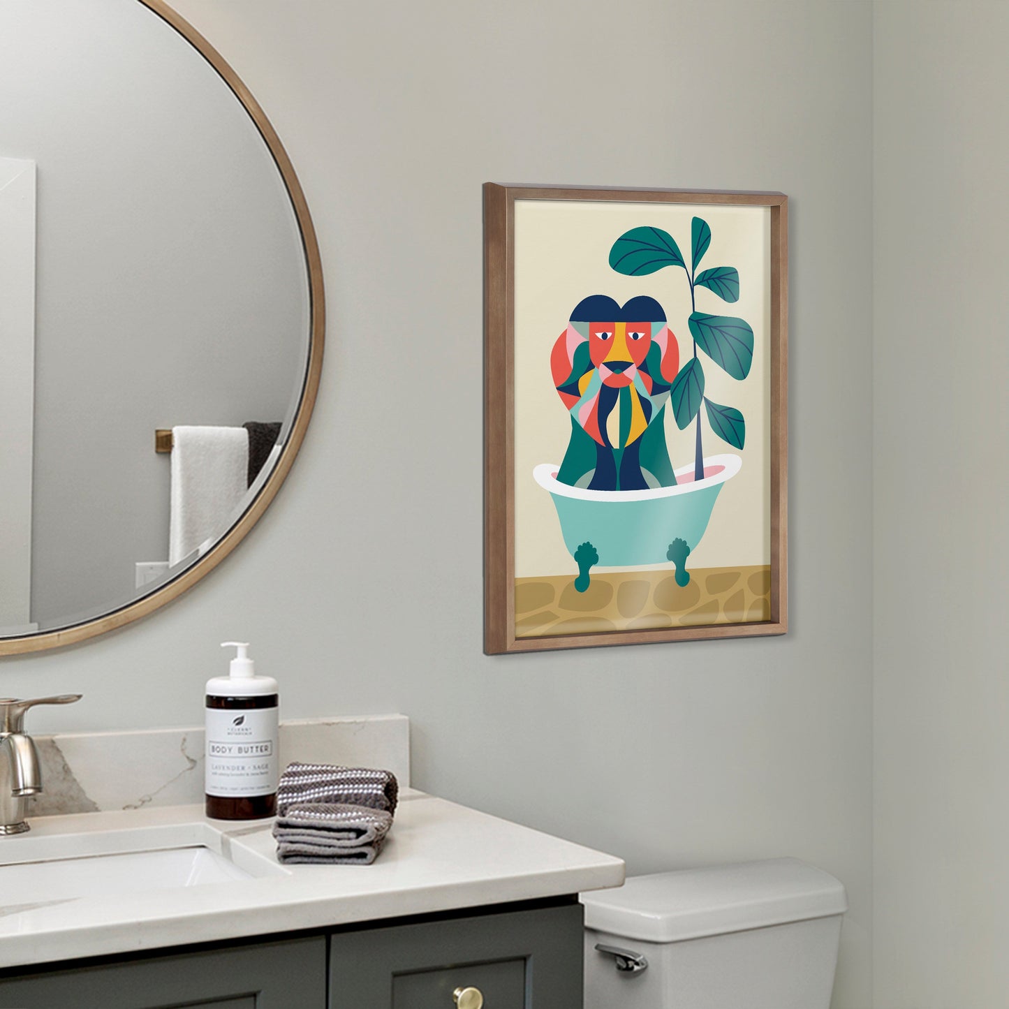 Mid Century Modern Lion in Bathtub Framed Glass Wall Art