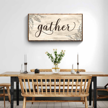 Bold typography Gather sign canvas wall art for dining rooms and kitchen walls