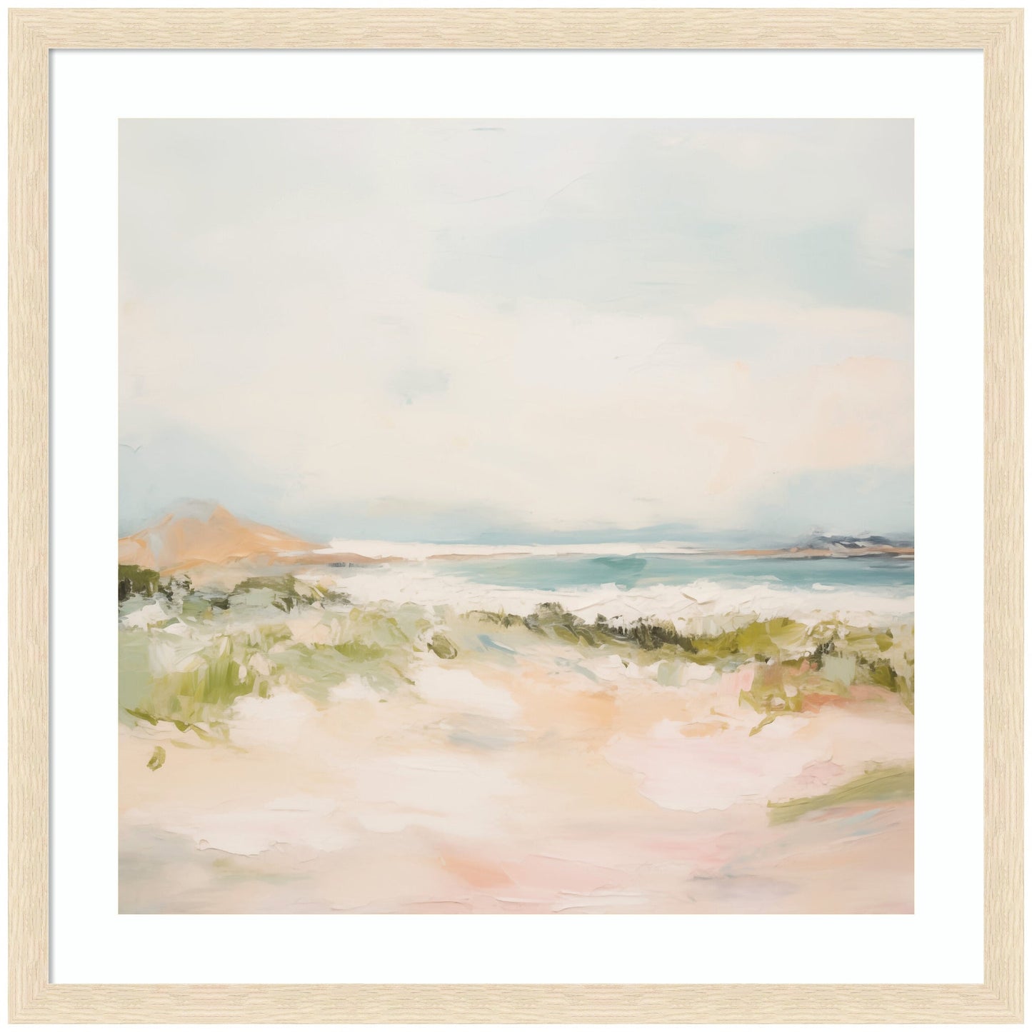 Calm square meadow landscape print in a wood frame