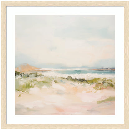 Calm square meadow landscape print in a wood frame