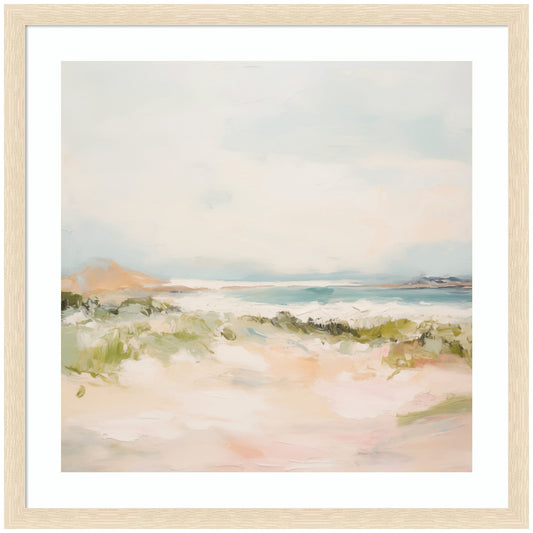 Calm square meadow landscape print in a wood frame