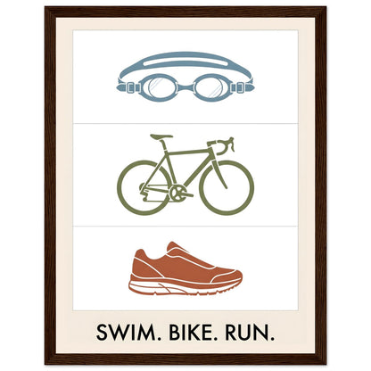 Swim Bike Run Poster: Minimalist Triathlon Icons Wall Art - 27x35 cm / 11x14″ - Dark wood frame / Ready-to-hang - Sparkycare