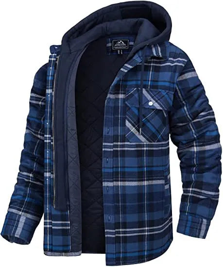 Blue plaid jacket with a hood on a white background