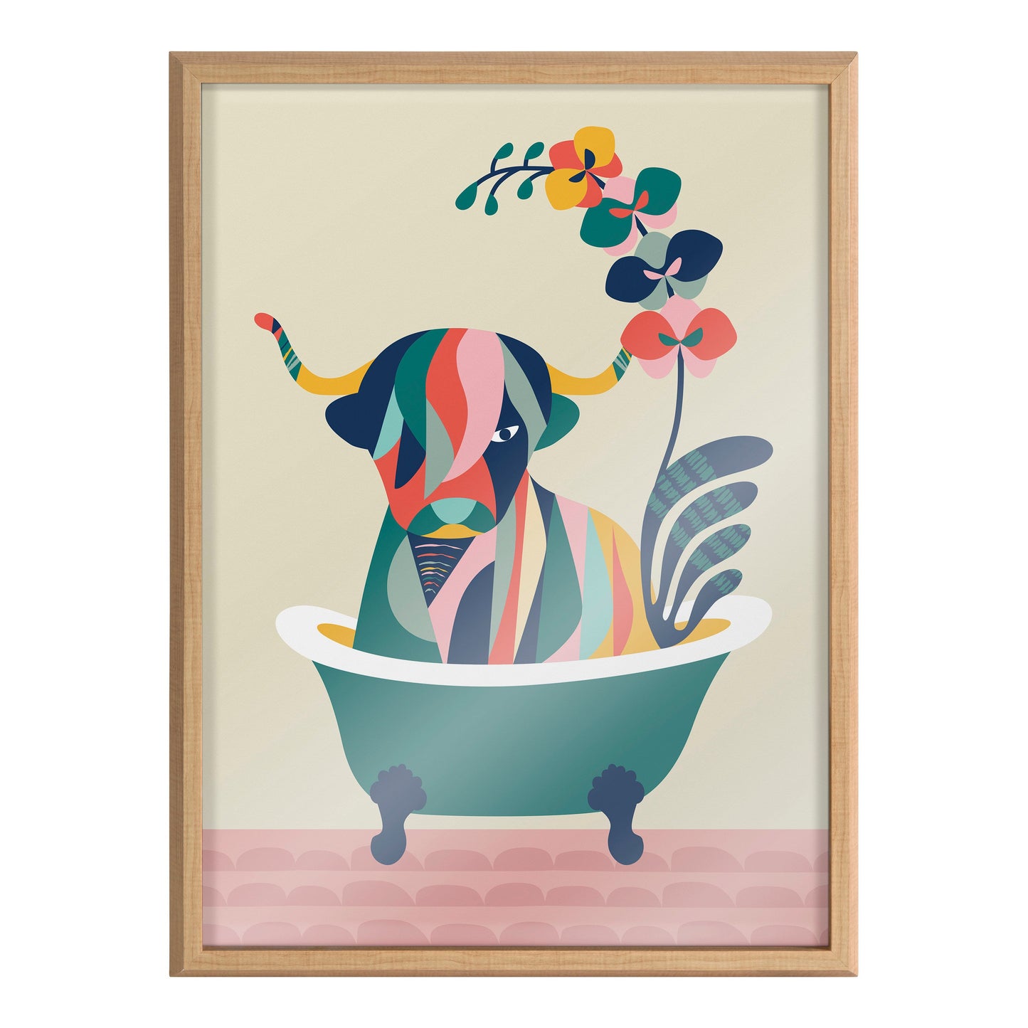 Mid Century Modern Cow in Bathtub Framed Glass Wall Art
