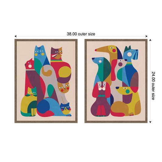 Retro Cats and Dogs 2 Piece Framed Canvas Set