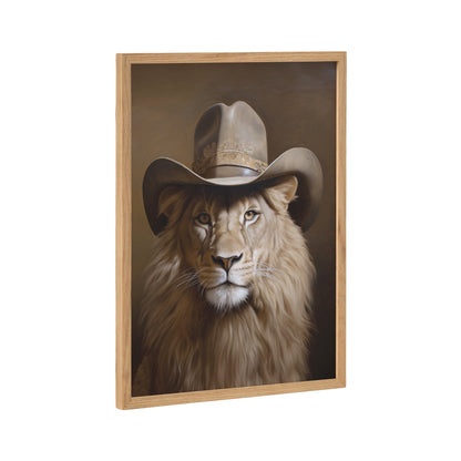 Lion Wearing a Western Cowboy Hat Framed Wall Art Print