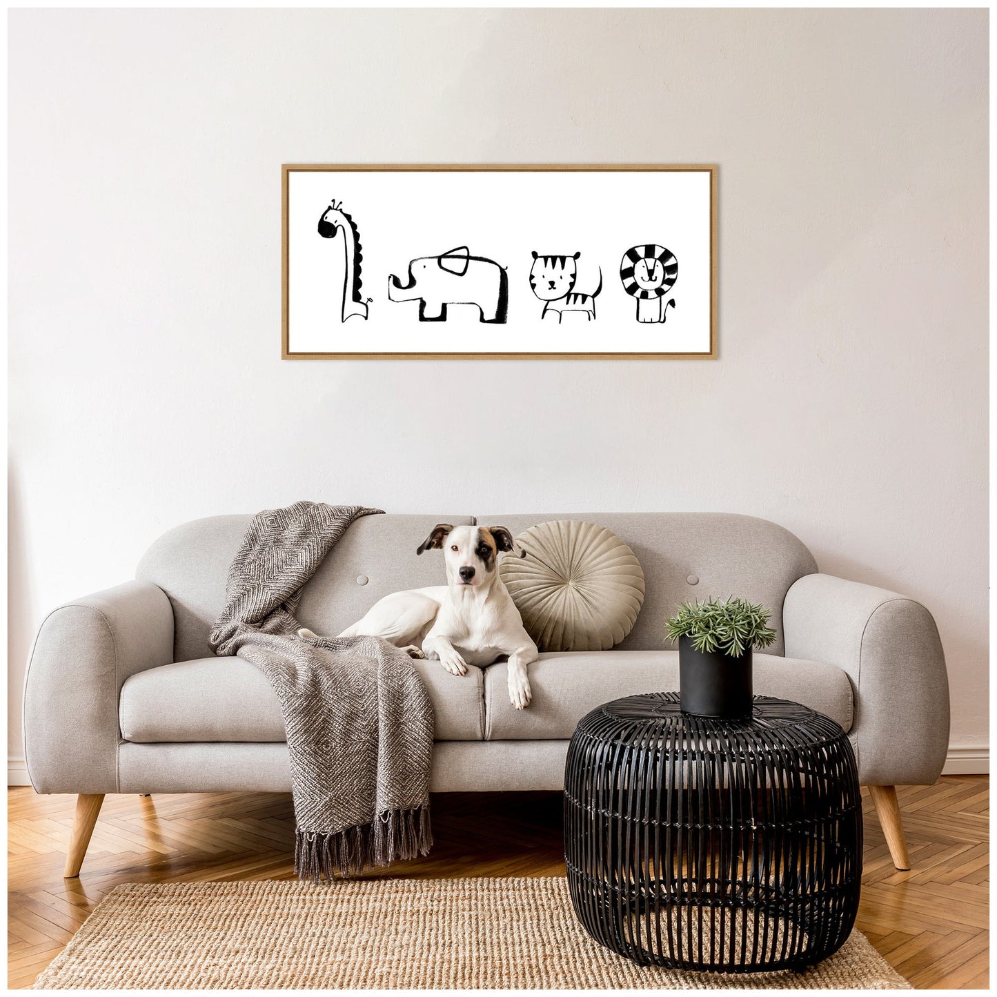 Minimalist Giraffe Elephant Tiger and Lion Sketch Canvas Wall Art