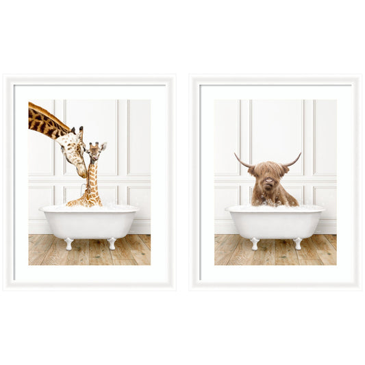 Highland cow and giraffe in bathtub 2 piece framed canvas art set, funny bathroom art