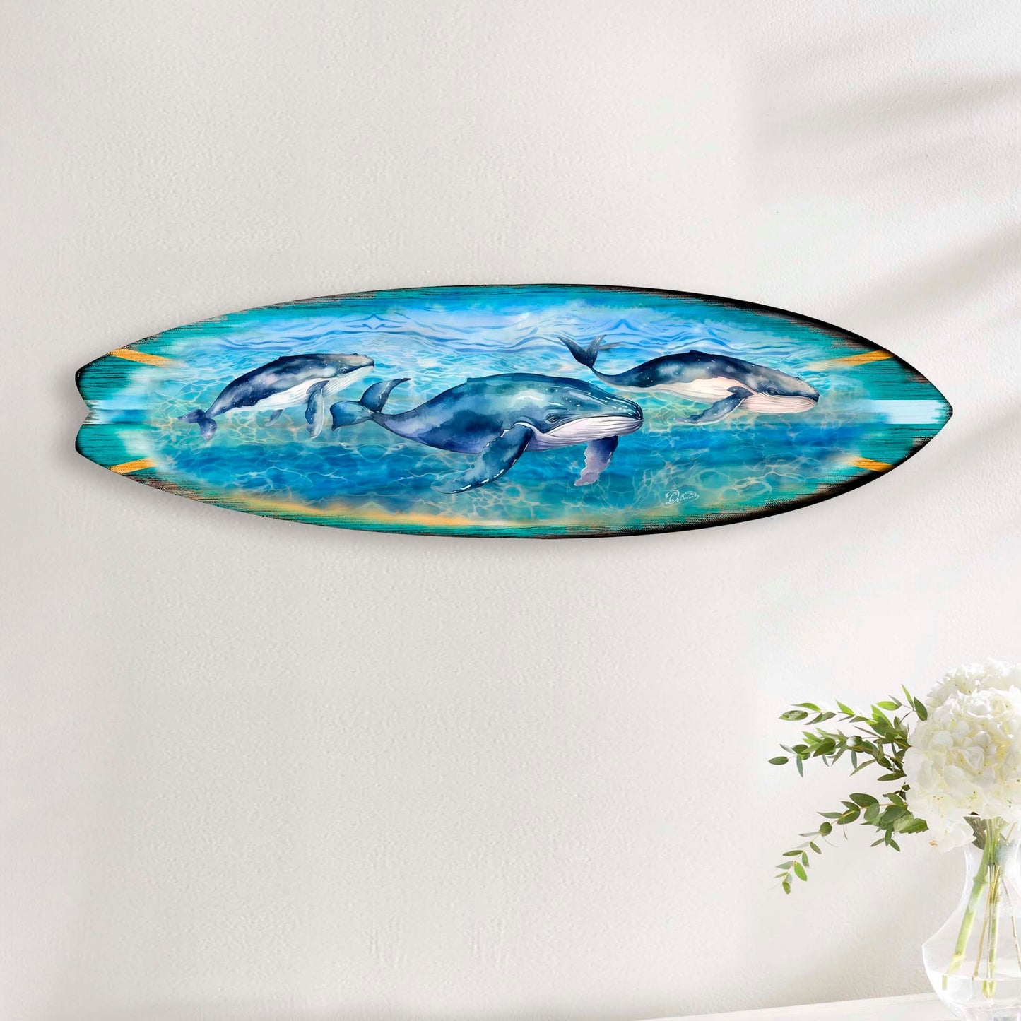 Whale Surfboard Wood Wall Art - Coastal Ocean Decor