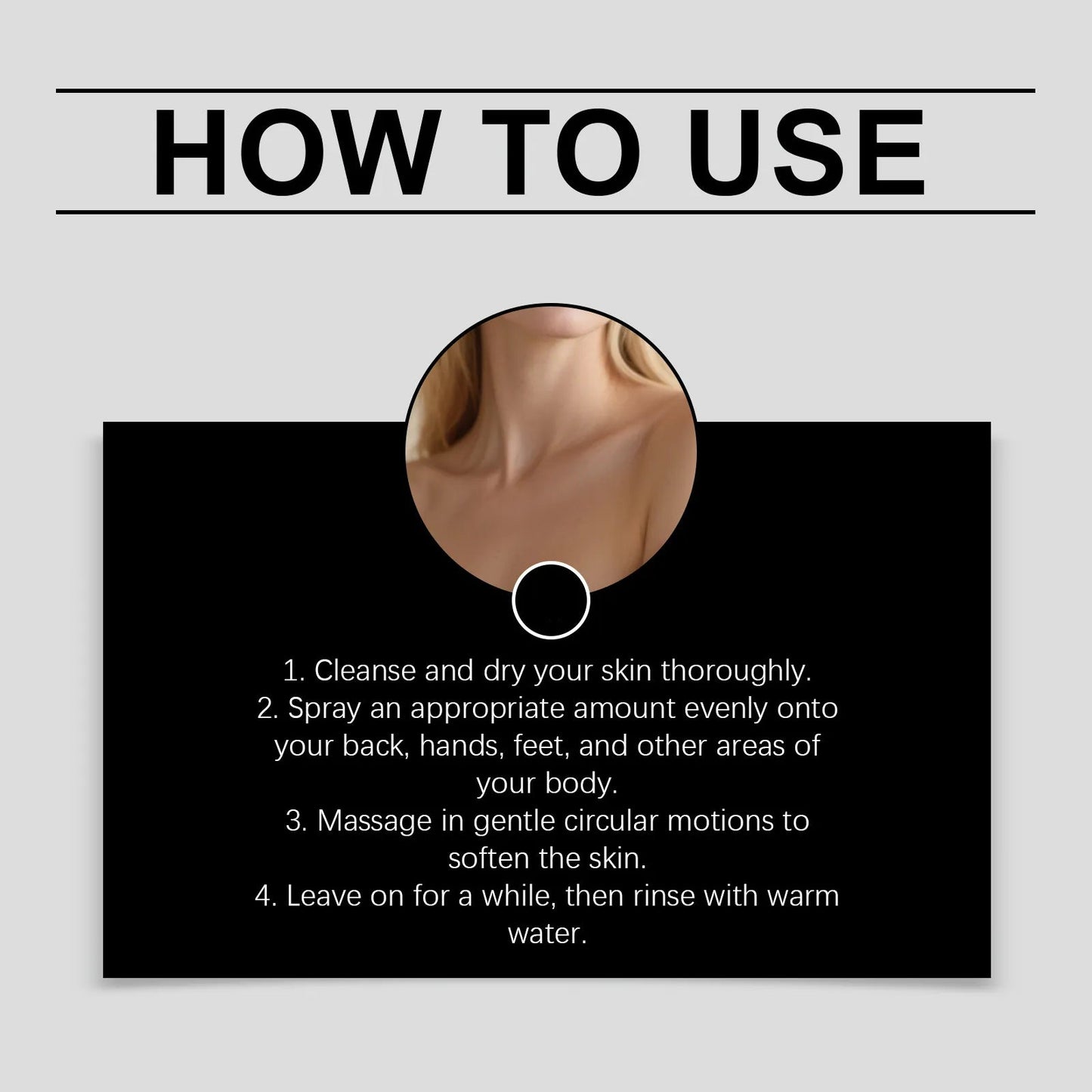 Step-by-step guide showing how to use kojic acid spray: cleanse, spray, massage, rinse with warm water
