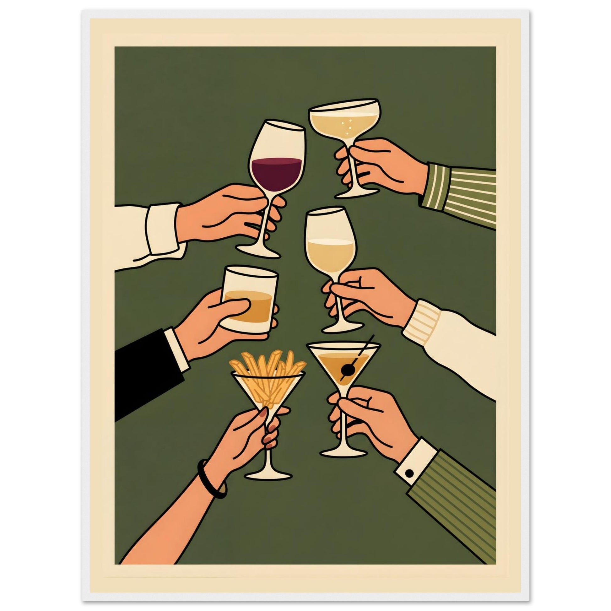 Retro Cheers Cocktail Toast Wall Art, Framed Bar Decor - 20x25 cm / 8x10″ - White frame / Ready-to-hang - Sparkycare