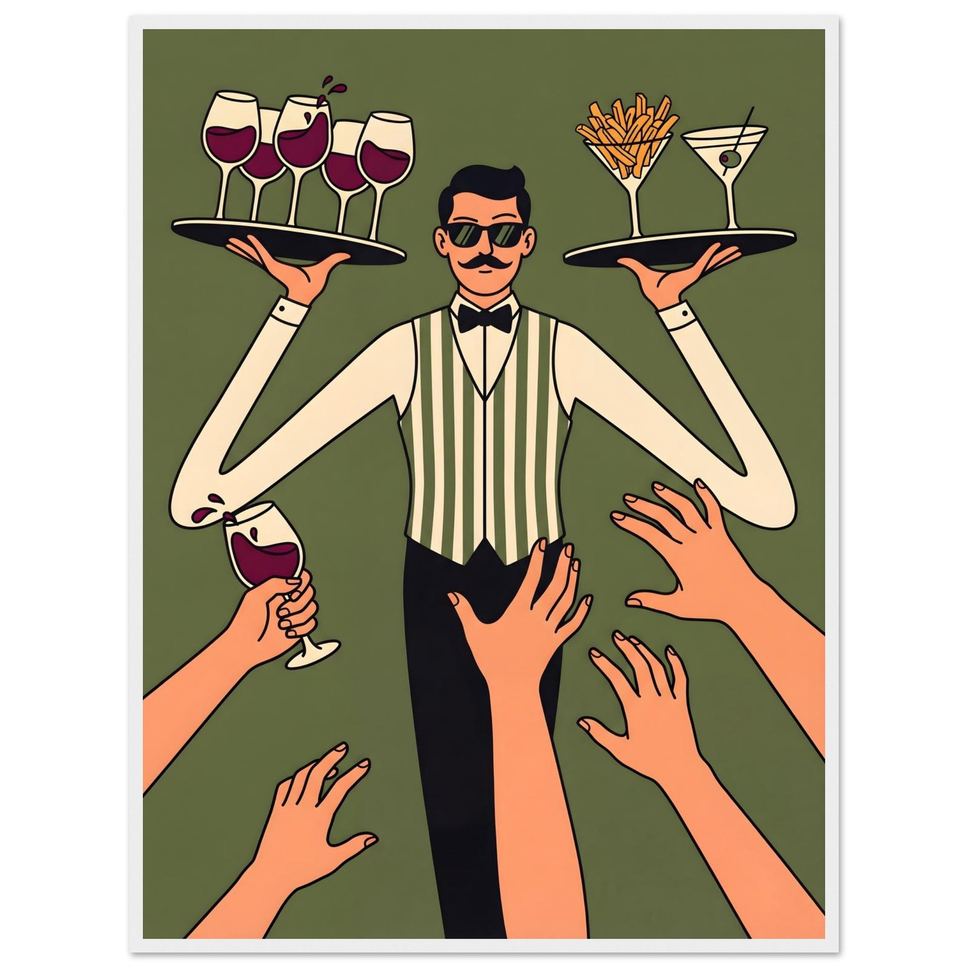Retro Waiter Bar Art, Framed Server Wall Decor - 20x25 cm / 8x10″ - White frame / Ready-to-hang - Sparkycare