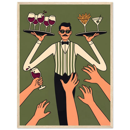 Retro Waiter Bar Art, Framed Server Wall Decor - 45x60 cm / 18x24″ - Wood frame / Ready-to-hang - Sparkycare