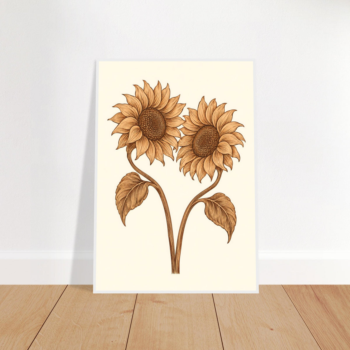 Two sunflowers in warm leather tones, framed print in a white frame