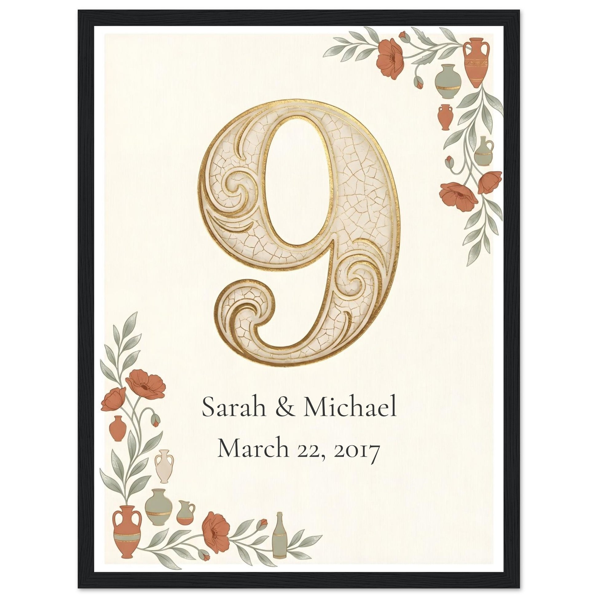 Personalized 9th Anniversary Wall Art - 30x40 cm / 12x16″ - Black frame / Ready-to-hang - Sparkycare