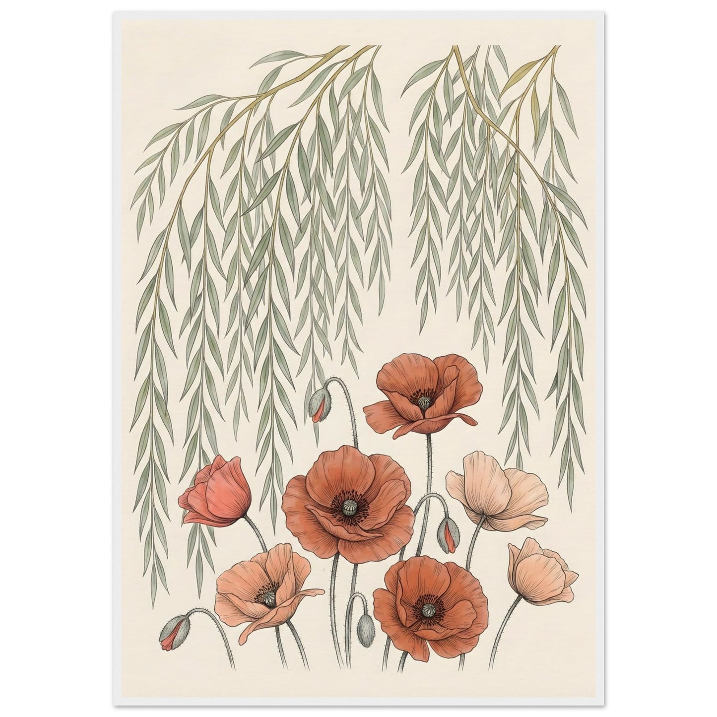 Willow Tree and Poppy Botanical 9th Anniversary Wall Art - 70x100 cm / 28x40″ / Museum-Quality Matte Paper Wooden Framed Poster - White frame - Sparkycare