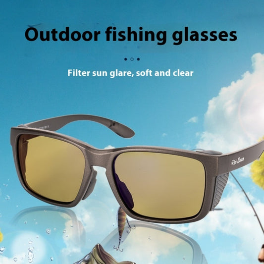 Outdoor fishing glasses with a blue sky and fishing equipment in the background