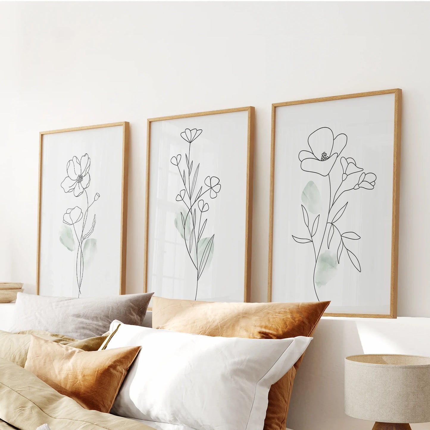 Modern botanical line art floral wall art set of 3 prints