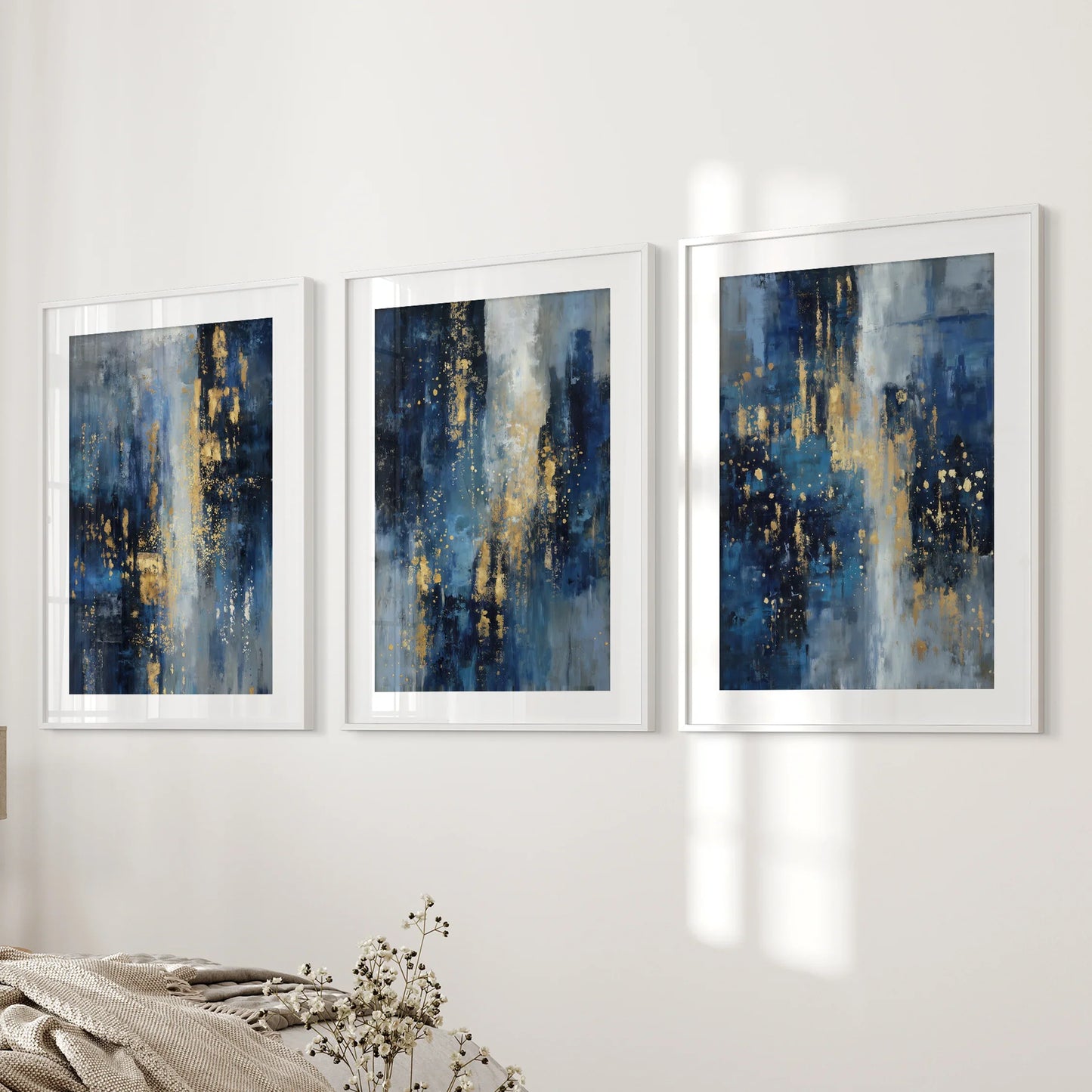 Navy Blue and Gold Abstract Wall Art Set of 3 Prints