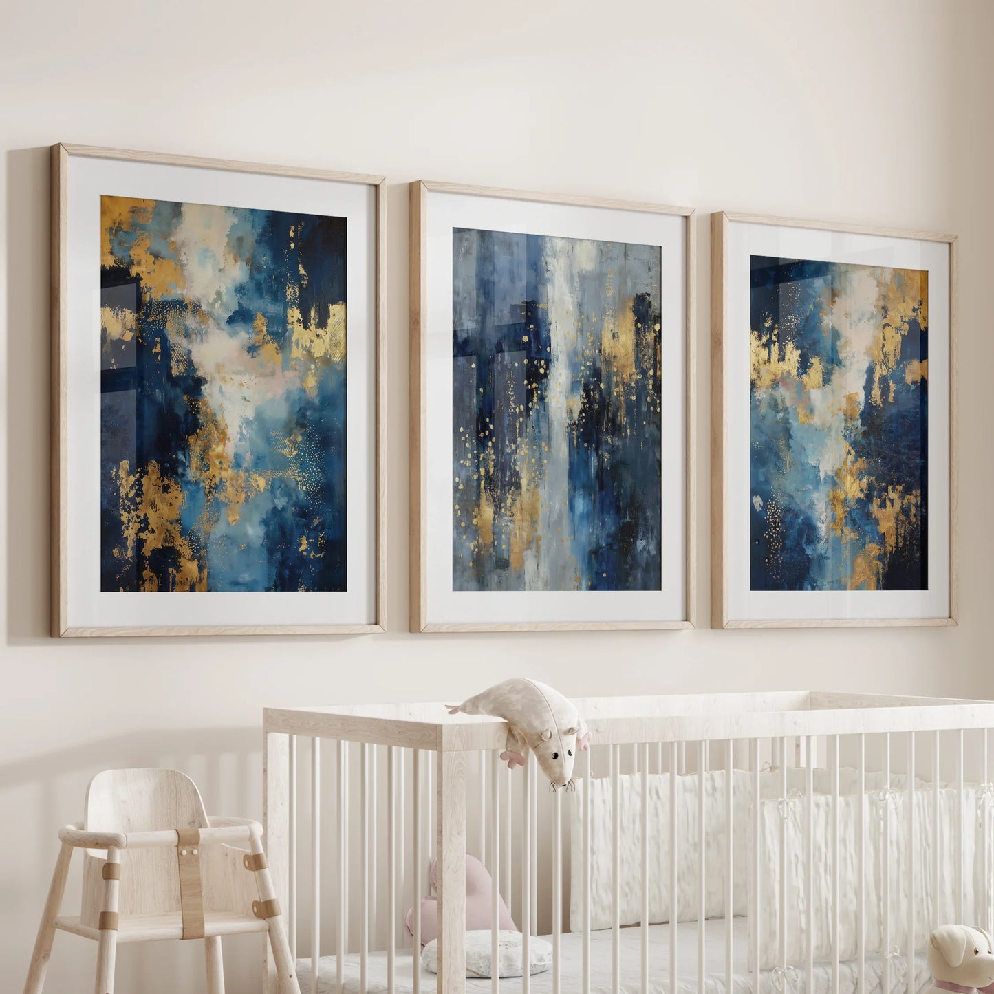 Navy and Gold Abstract Wall Art Set of 3 Contemporary Prints