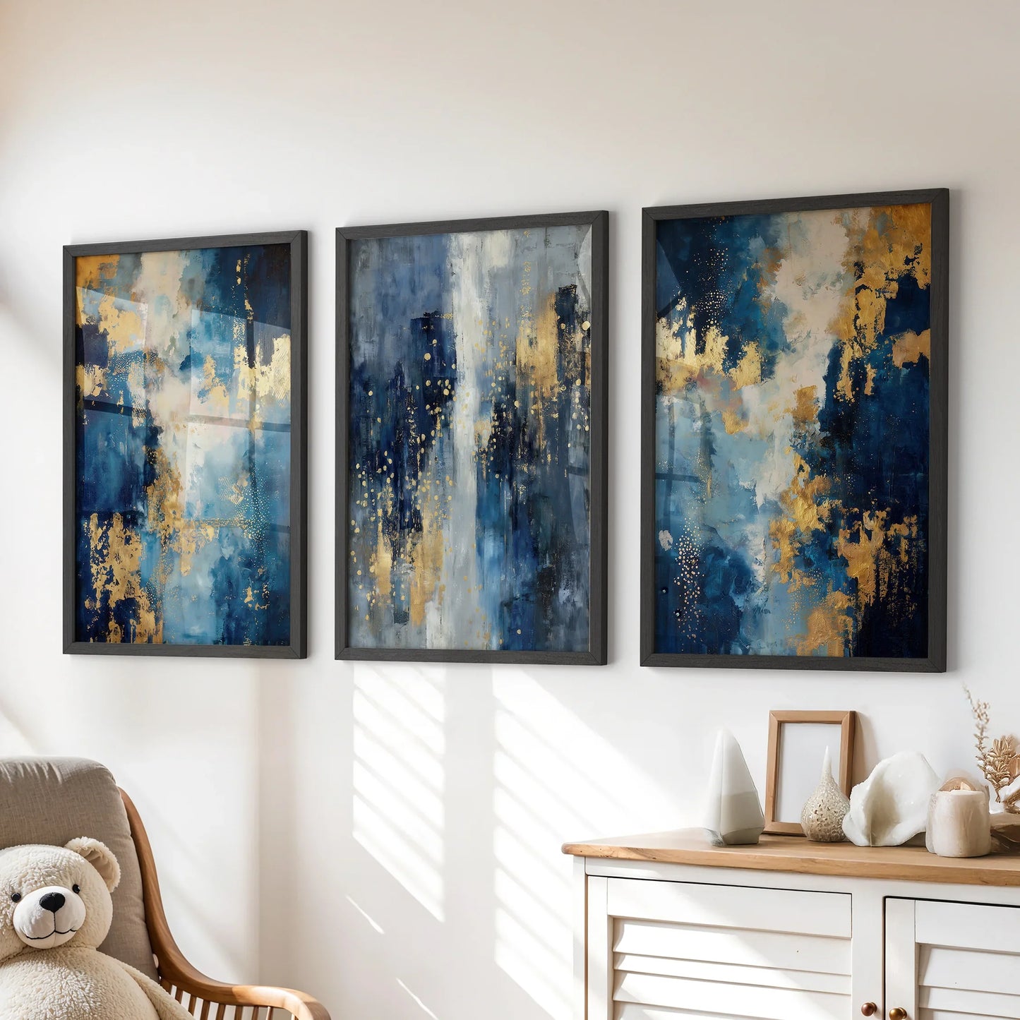 Navy and Gold Abstract Wall Art Set of 3 Contemporary Prints