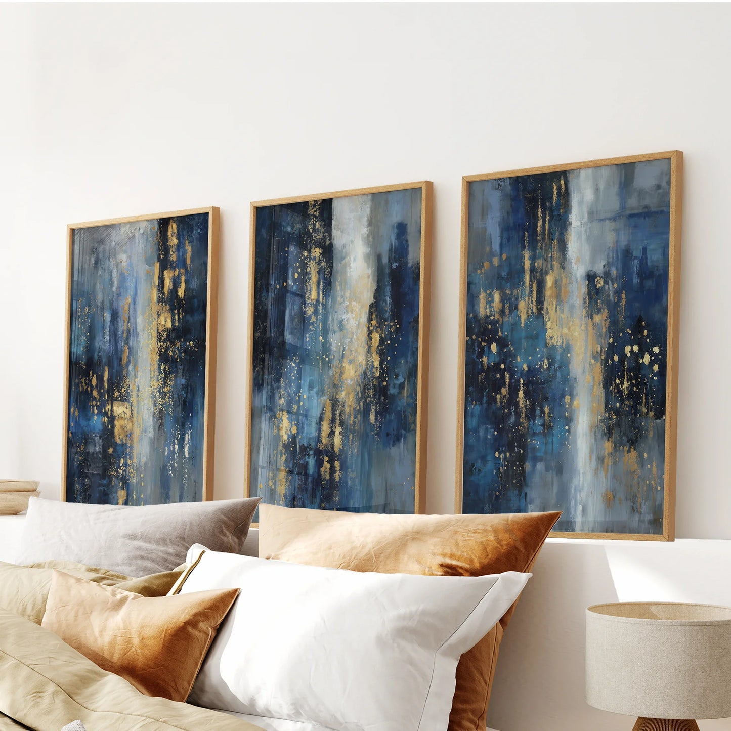 Navy blue and gold abstract wall art set of 3 prints