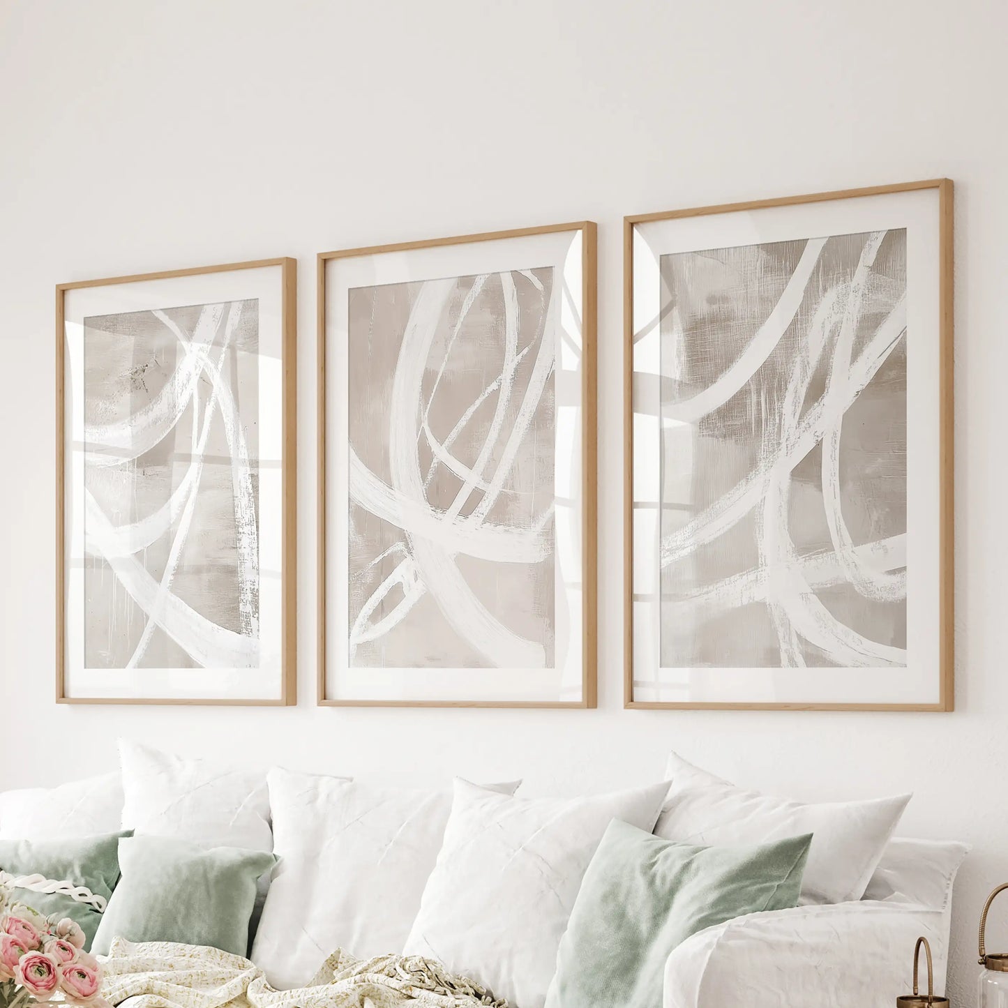 Neutral Abstract Wall Art Set of 3 Brush Stroke Prints
