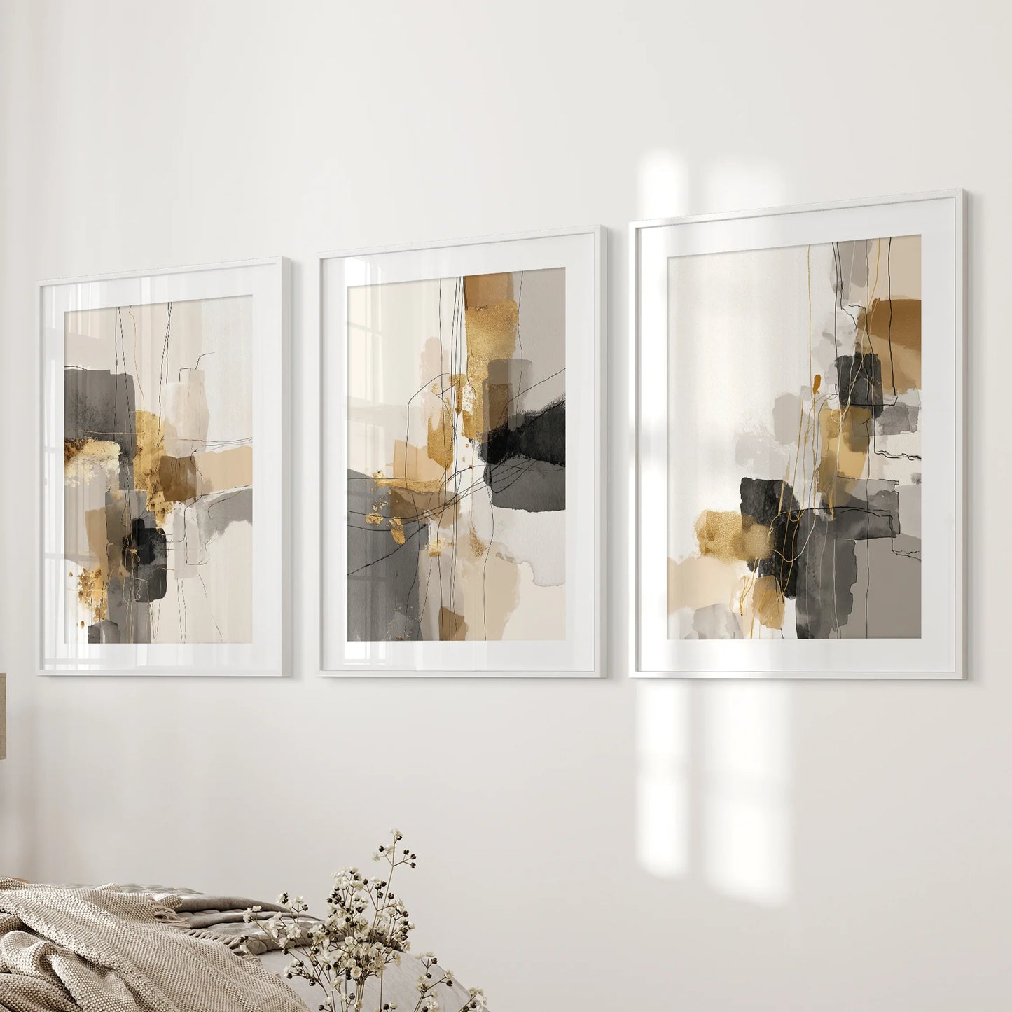 Neutral Abstract Wall Art Set of 3 Beige Gray Gold Prints