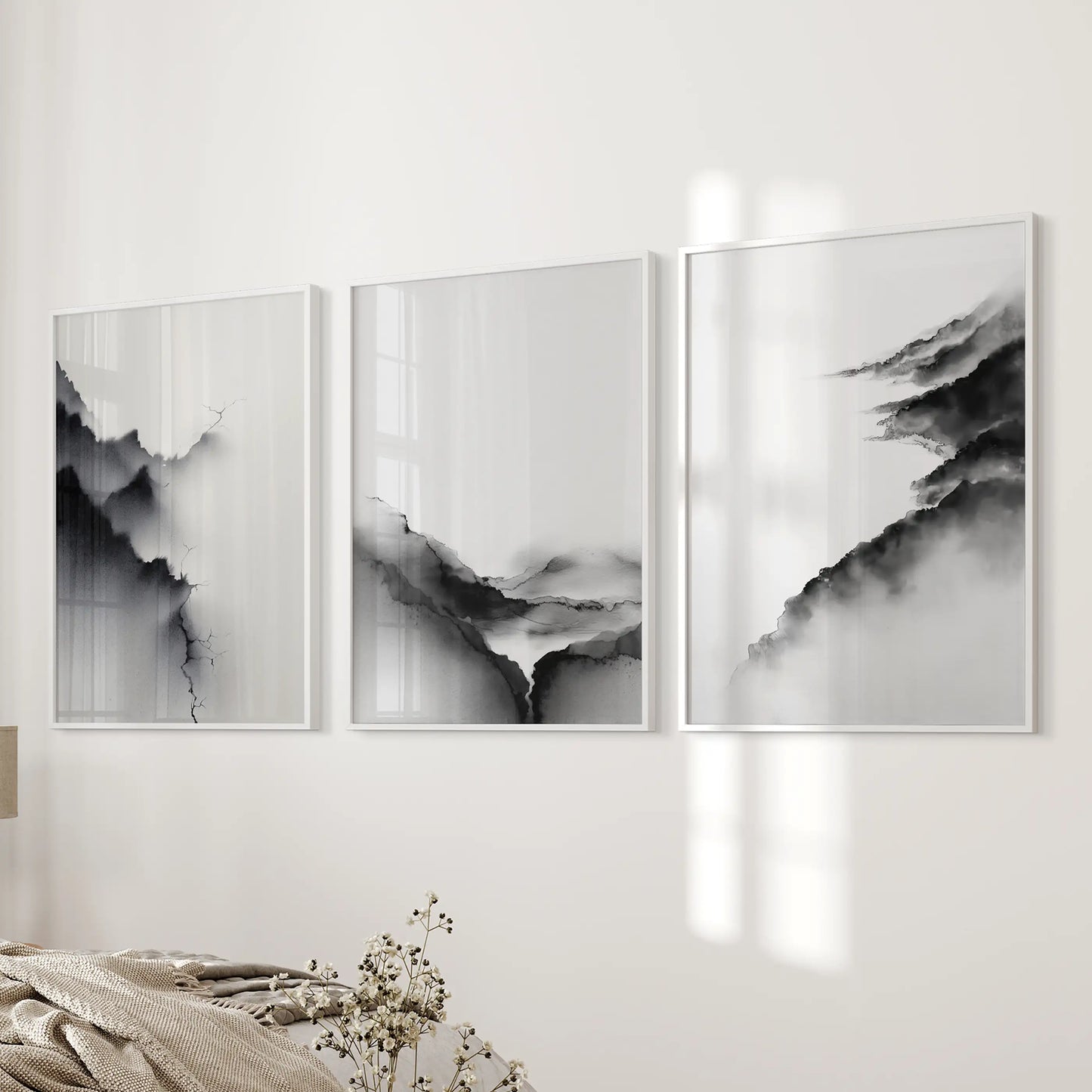 Mountain Landscape Wall Art Set of 3 Black and White Prints
