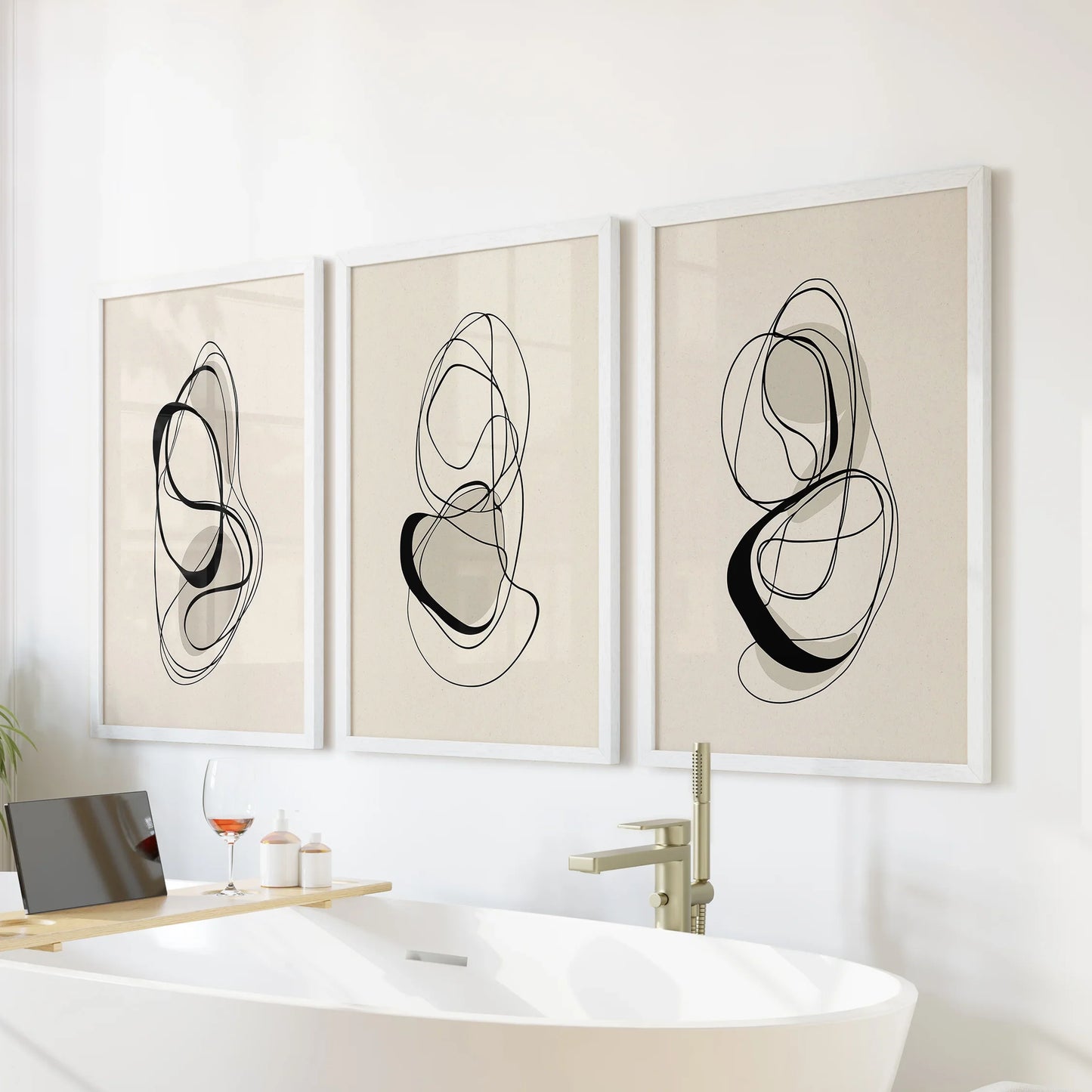Black and Beige Abstract Wall Art Set of 3 Line Prints