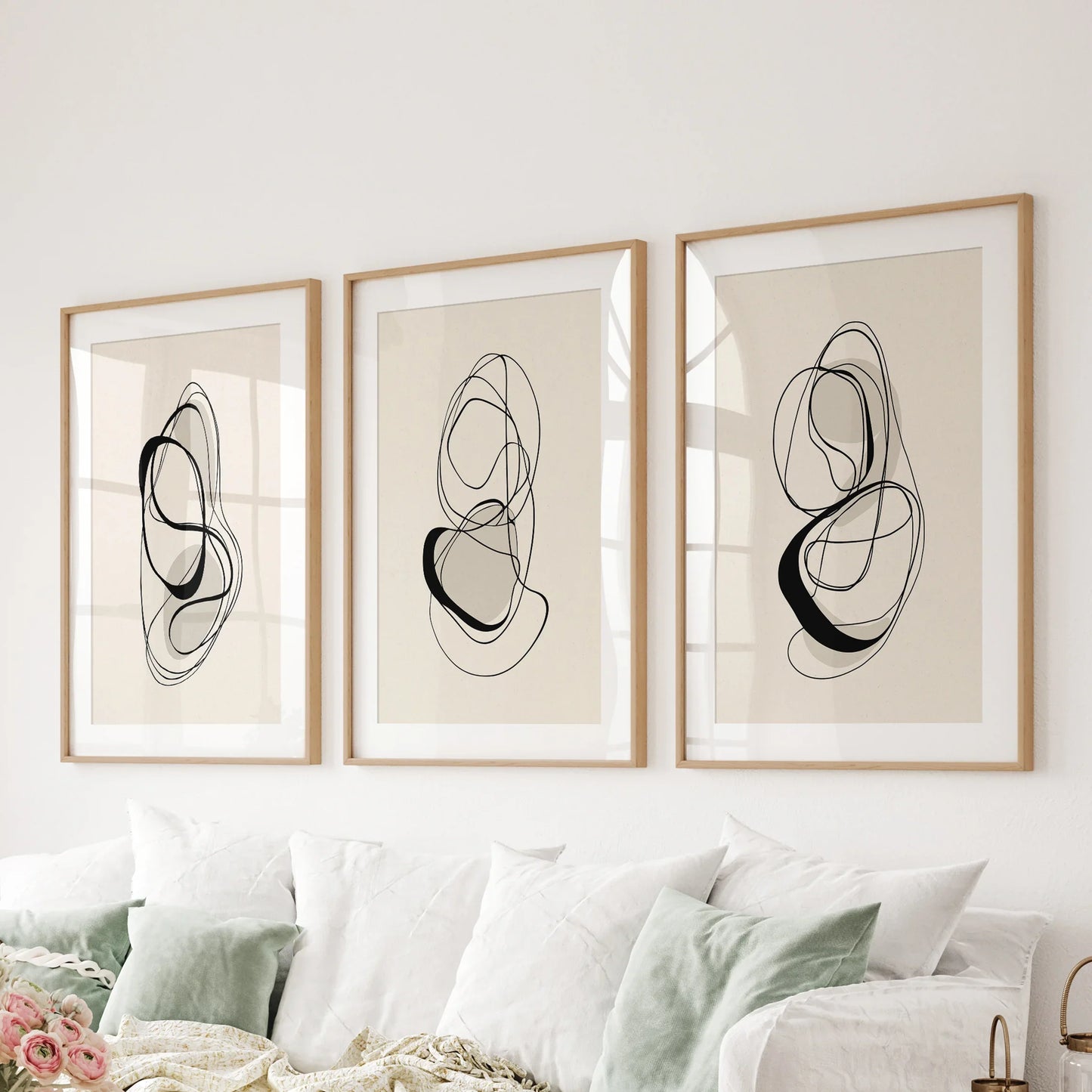Black and Beige Abstract Wall Art Set of 3 Line Prints