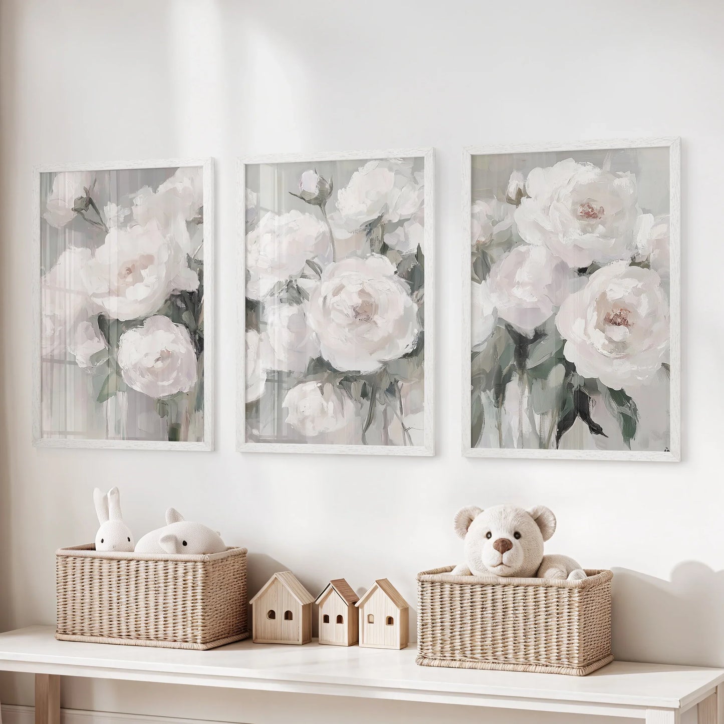 Romantic White Peony Wall Art Set of 3 Floral Prints