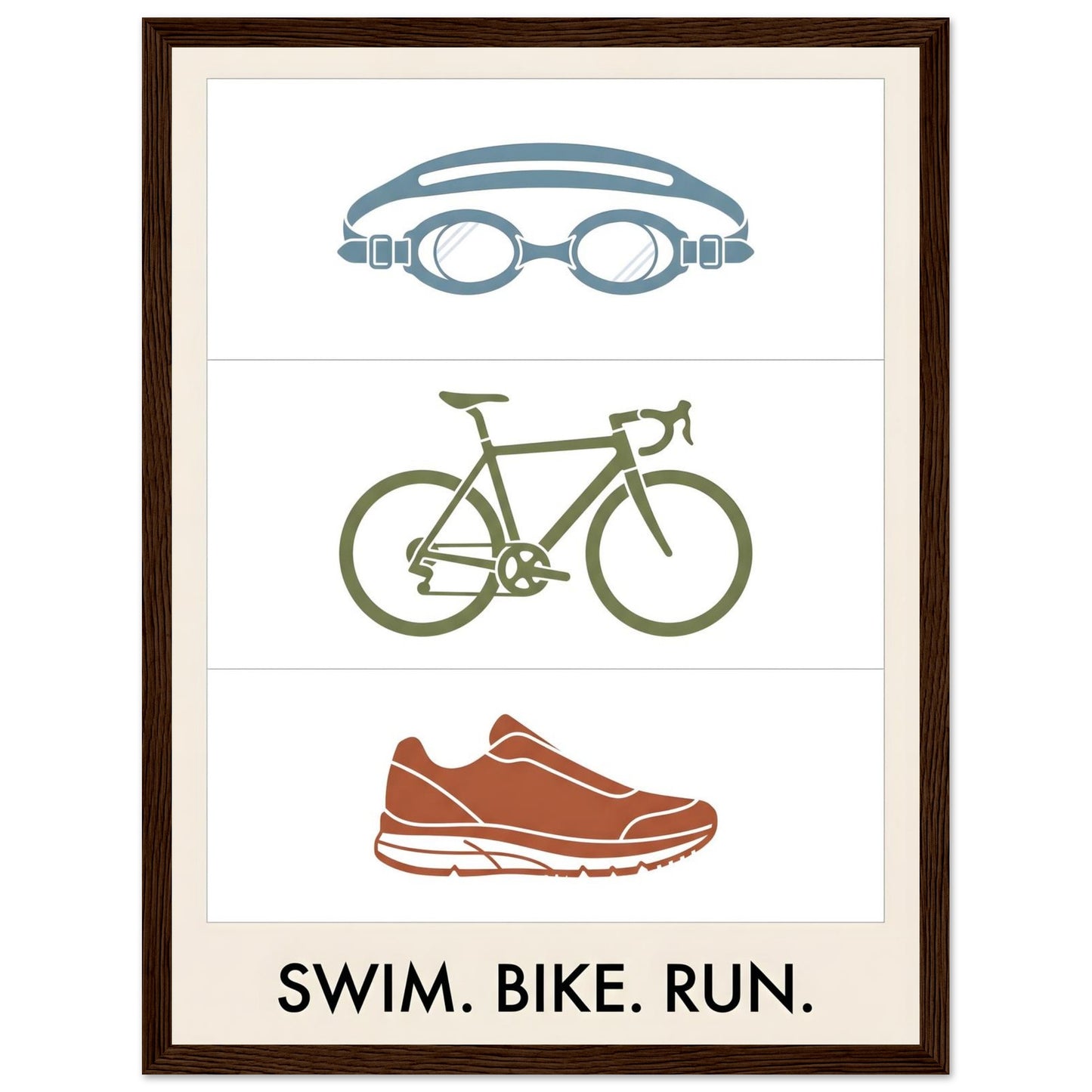 Swim Bike Run Poster: Minimalist Triathlon Icons Wall Art - 30x40 cm / 12x16″ - Dark wood frame / Ready-to-hang - Sparkycare