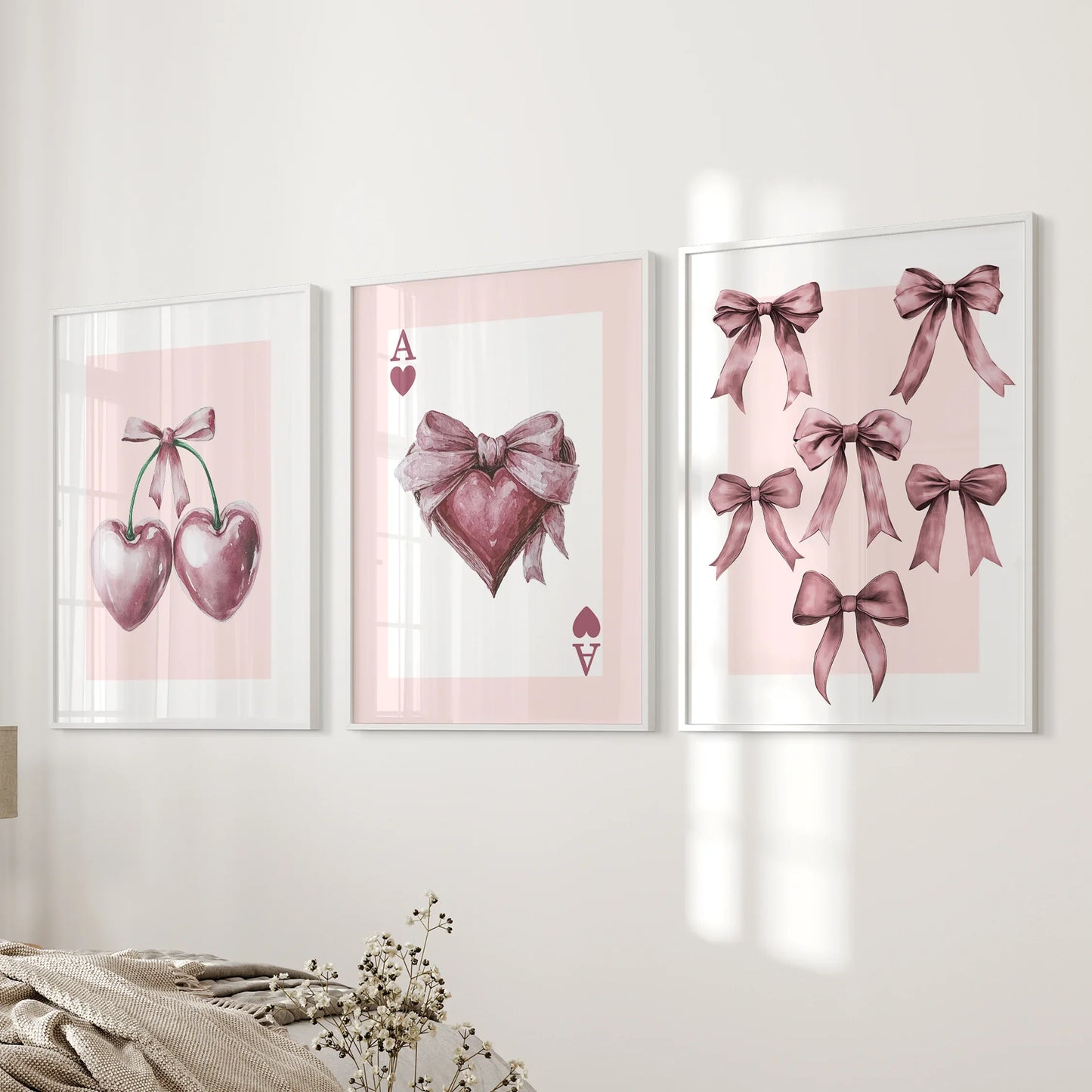 Coquette Cherry Wall Art Set of 3 Pink Romantic Decor
